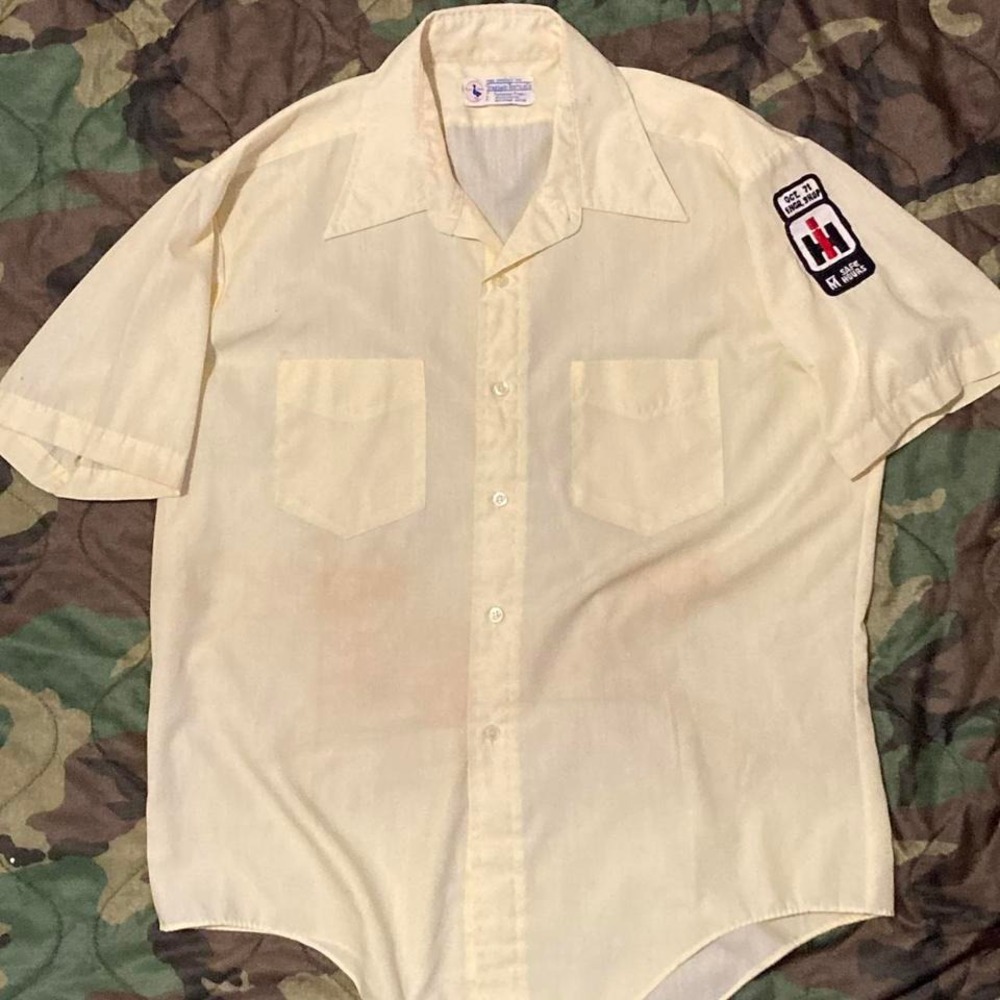 Vintage early 70s mechanic shirt paper thin cotton poly stained
